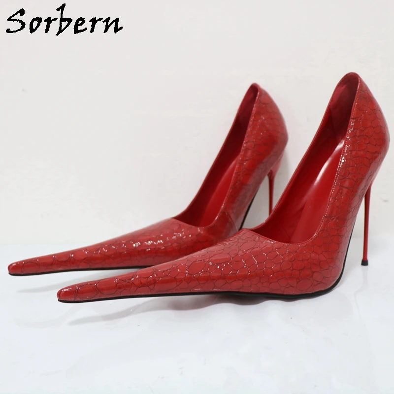 Sorbern Super Long Pointed Toe Women Pumps Slip On Snakeskin Red High Heels Steel Heels Size 32-52 Shoes Unisex Fetish Custom