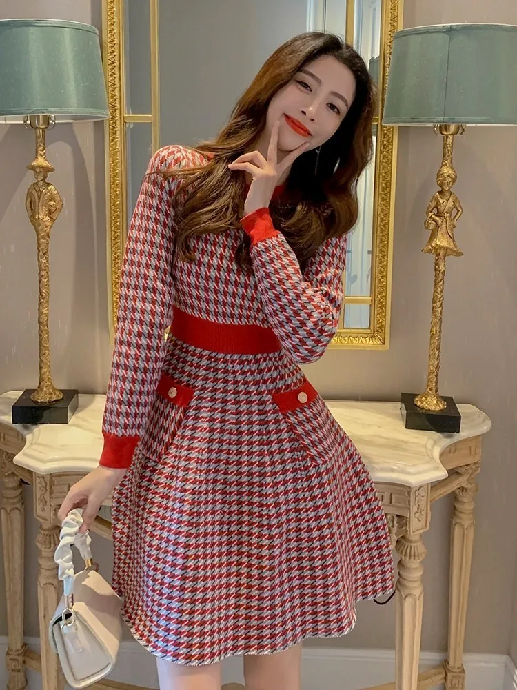 Red Knitted Women Dress Houndstooth Autumn High Waist Bottoming Dress Long Sleeve French A-line Summer Dresses for Women 2022