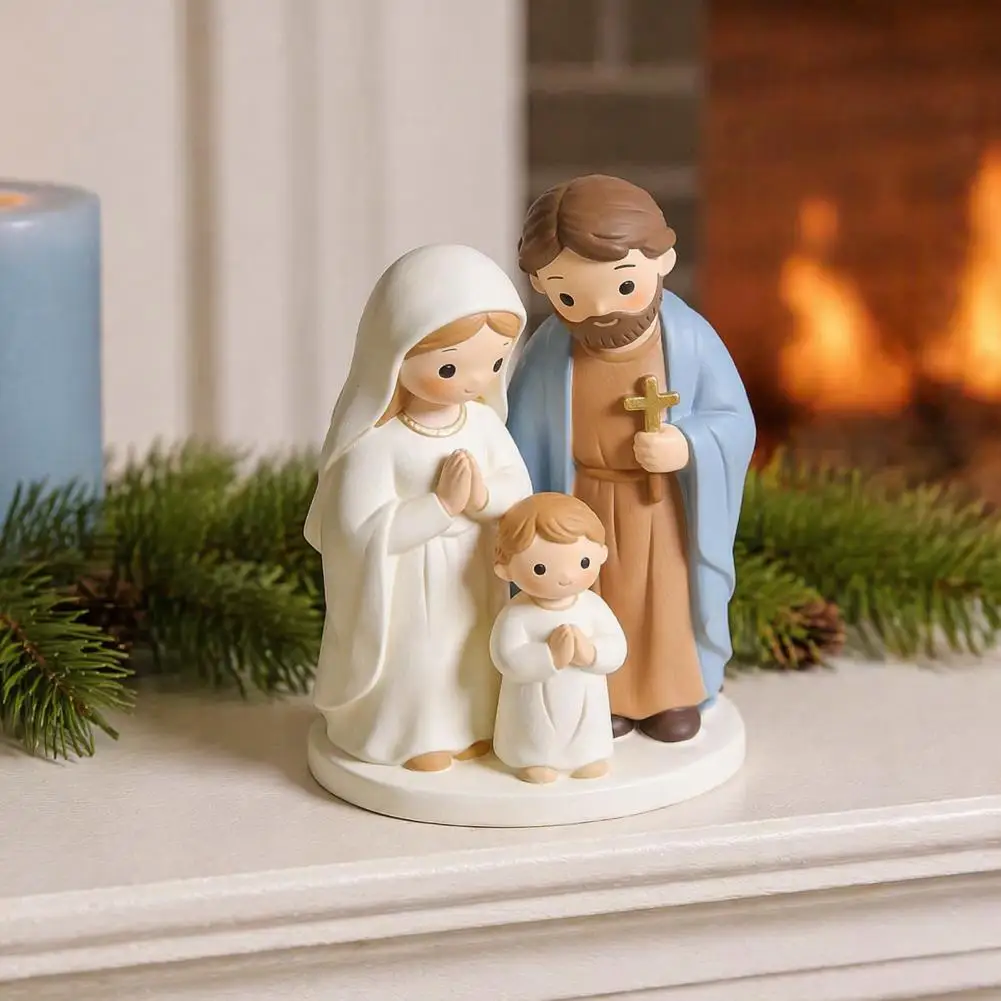 Home Decor Christmas Nativity Scene Figurine Set Cartoon Manger Baby Jesus Resin Craft Indoor Holiday Tabletop Decor Gift