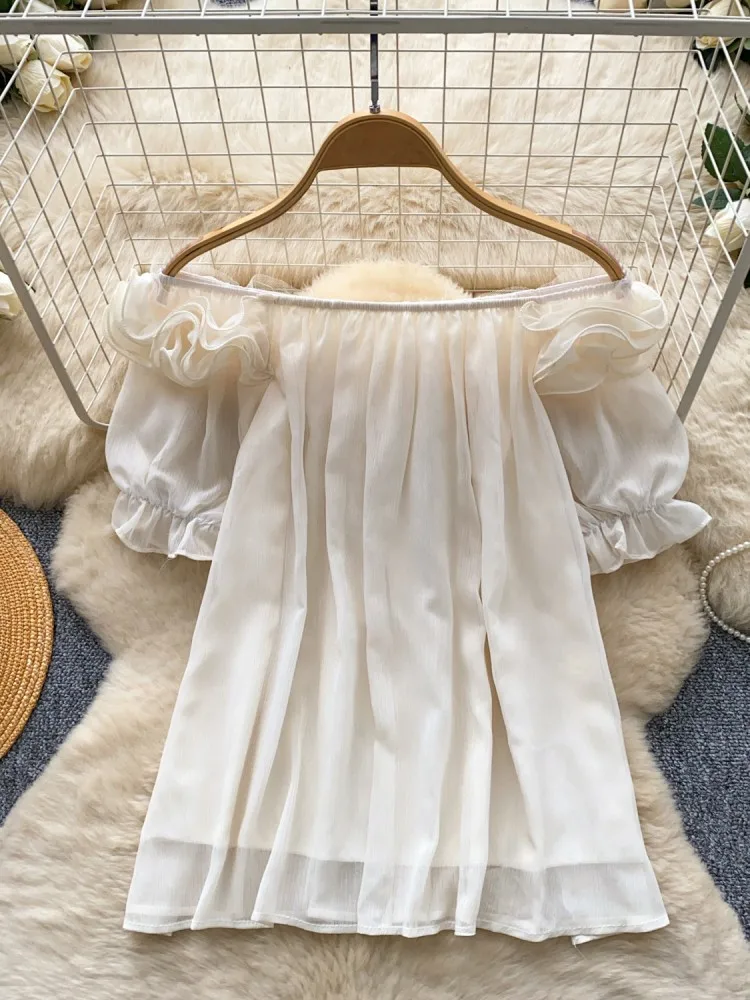 Korean Style Ladies Breathable Loose Fit Slash Neck Off Shoulder Shirts Sweet Ruffles Short Sleeves Summer Women Shirt Hot Sale