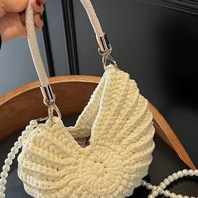 

Creative Conch Shaped Crochet Women Shoulde Bags Funny Cute Pearls Chains Novelty Small Handbags Handmade Weave Crossbody Bag