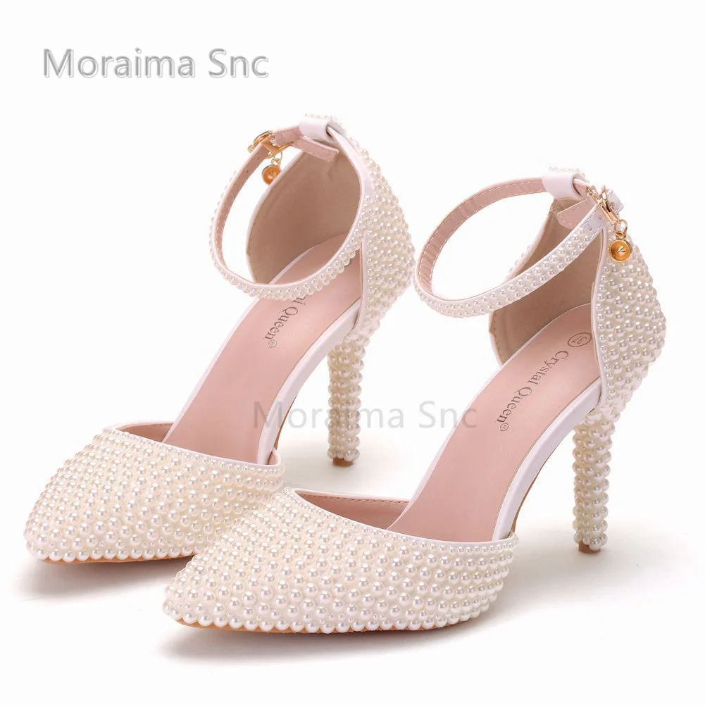 White Pearl Pointed High Heels Sandals for Women Buckle Strap Cover Heels Bride Wedding Shoes Summer Stiletto Banquet Shoes