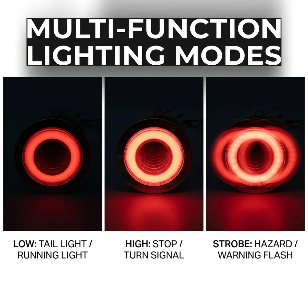2 Stück 4 Zoll Runde LED-LKW-Rückleuchte mit 3D-Infinity-Tunnel-Effekt, 12-24V Brems-, Stopp-, Blink- und Stroboskoplampe, universell für Anhänger und LKW – Detail 4