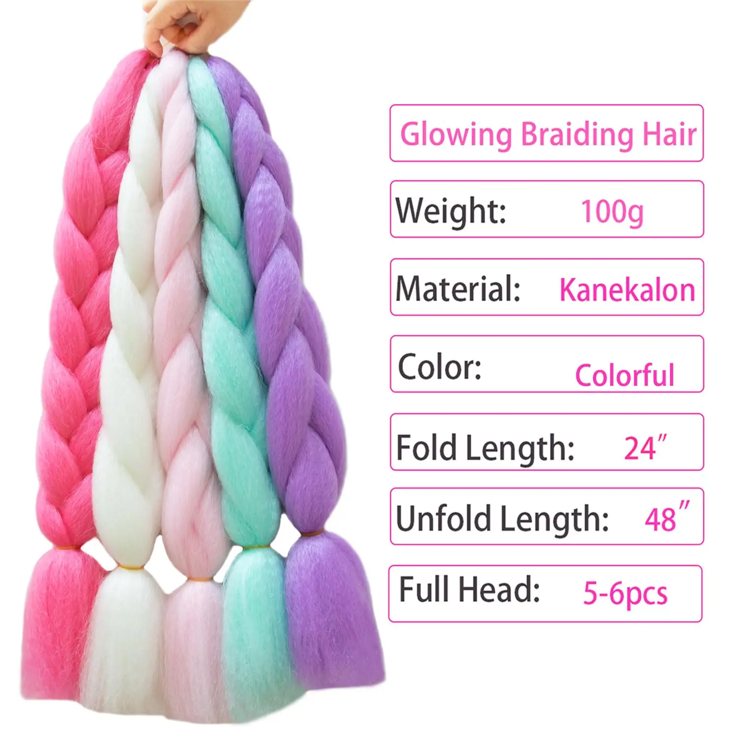 Christmas Colorful Braiding Hair Jumbo Extensions Glow in the Dark Hair 24inch 3packs 100g/pack Synthetic Rainbow Multicolor