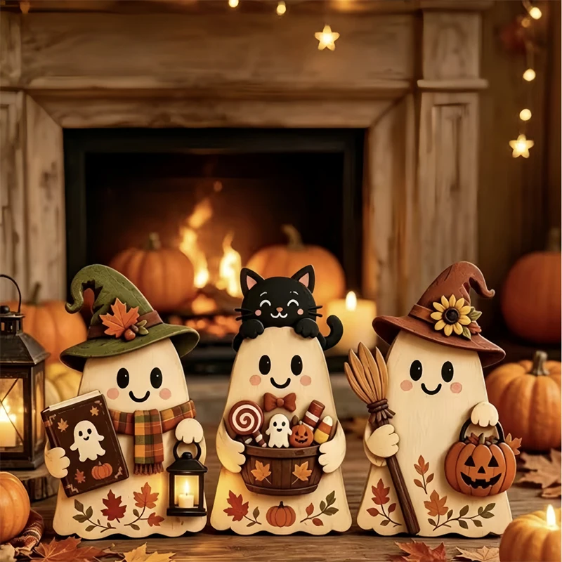 3PCS 2D Flat Wooden Ghost Ornament Fall Pumpkin Halloween Ghost Figurines Maple Leaf Cute Ornament Decor Seasonal Autumn Set