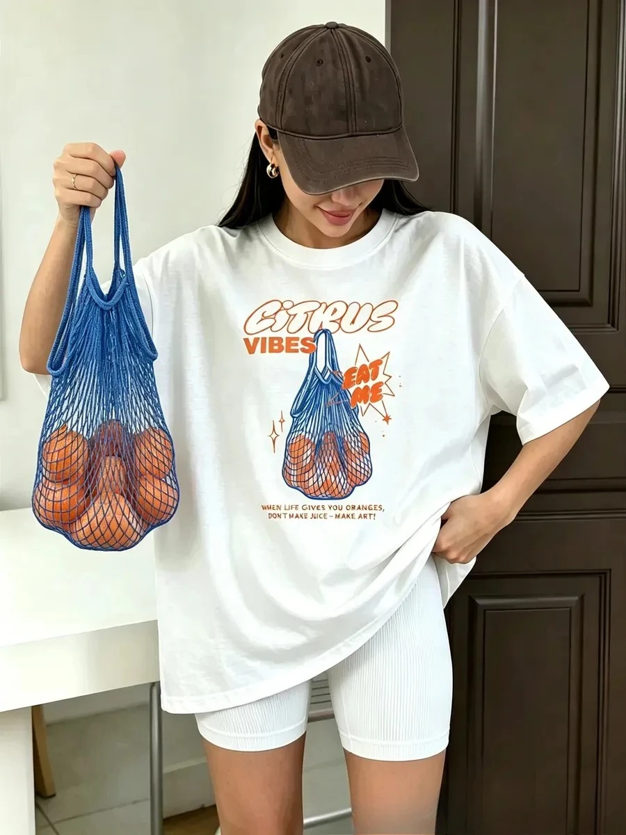 Women's  Pure Cotton Short Sleeve T-Shirt Fun Orange Graphic Print Casual Loose Fit Soft Breathable Versatile Daily Commute Top