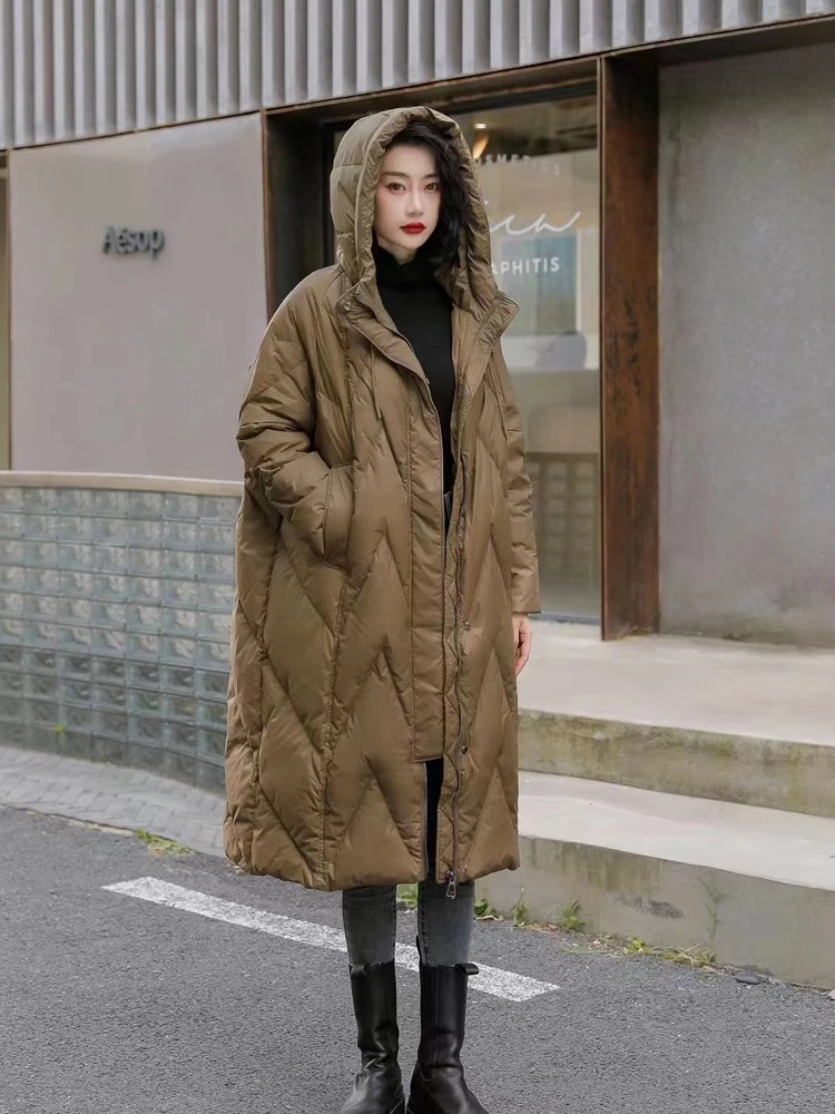 Winter Jacket for Women Loose Long Down Coats 90% White Duck Down Hooded Casual Loose WarmThick OverSize Female Overcoat Winter