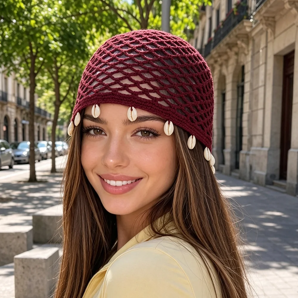 Bohemian Style Handmade Shell Crochet Hat Women Summer Tassel Hollow Knitted Hat Beach Beanie Breathable Turban Pullover Hat