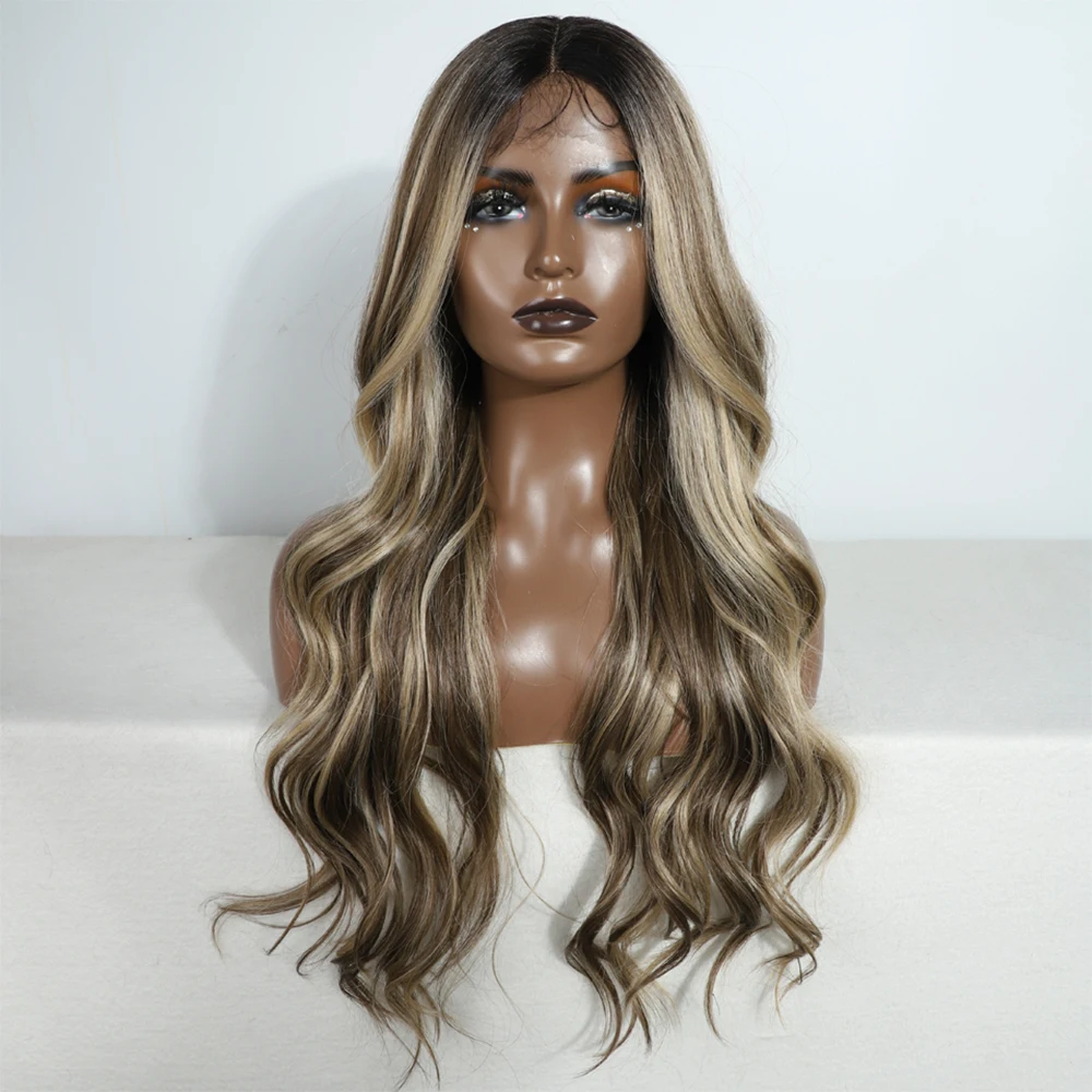 Synthetic Lace Frontal Wig For Women Cosplay Highlight Wig Curly Wave Lace Wig Brown Ombre Blonde Brown Wigs Heat Resistant Wig