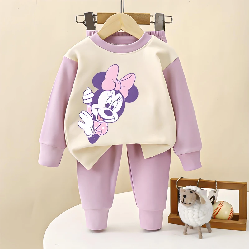 Disneyฤดูใบไม้ร่วงMickey Minnieพิมพ์เด็กแขนยาวชุดนอนชุดสาวนุ่มเสื้อผ้าชุดเด็กชุดนอนสบายๆชุด