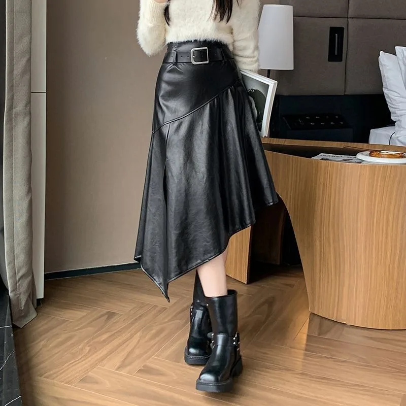 Women Irregular Leather Midi Skirt High Waist A Line Split Flowy Skirt With Belt For Autumn Winter