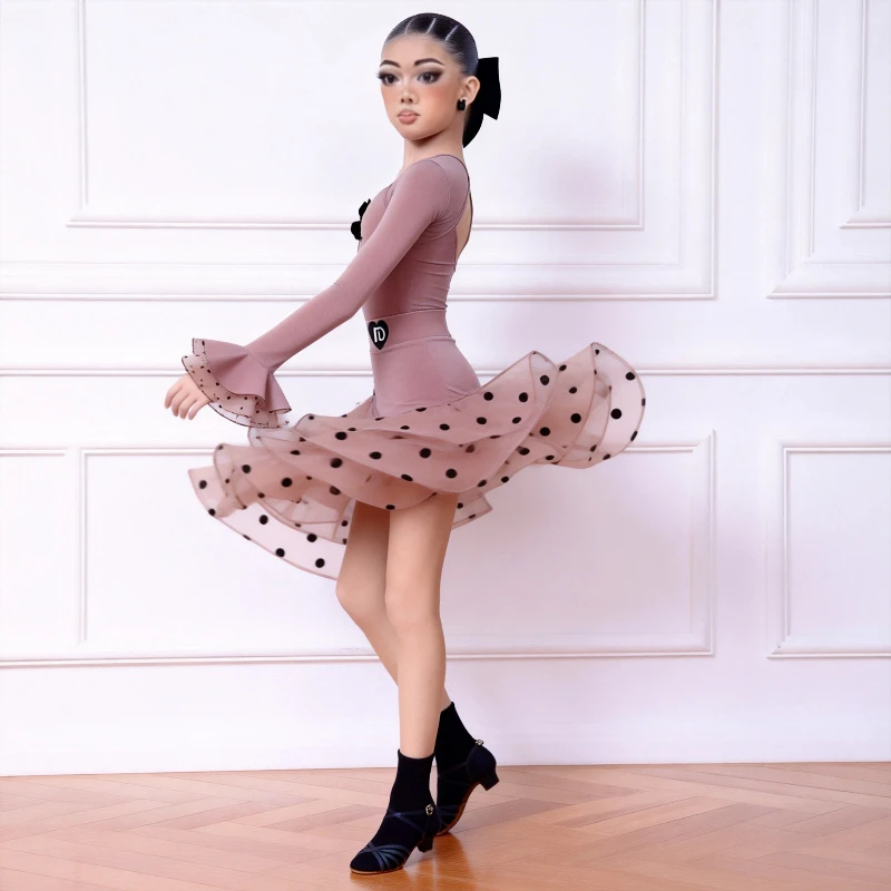 costume-de-danse-latine-pour-filles-jupe-a-volants-a-pois-a-manches-longues-tenue-de-spectacle-pour-filles-vetements-d'entrainement-pour-enfants-tango-cha-cha