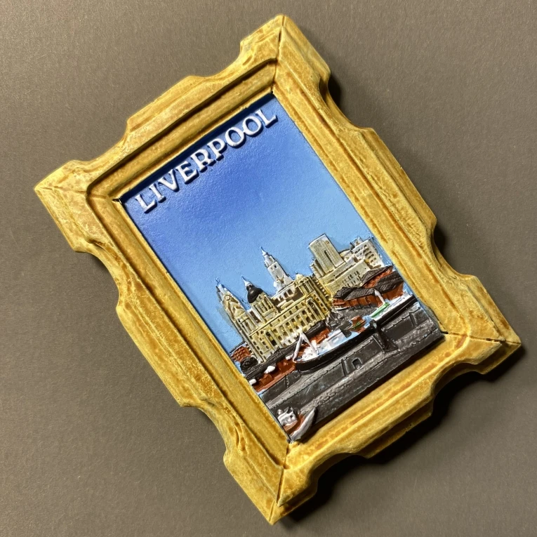 Creative tourism souvenirs for landmark buildings at the University of Liverpool, UK, handcrafted painted magnetic stickers, ref