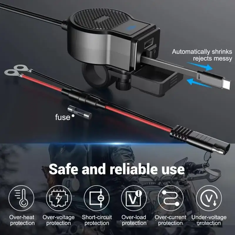 Motorcycle USB Charger With Retractable Cable Quick Charge Portable Waterproof 12V Phone Charger For Bike Handlebar