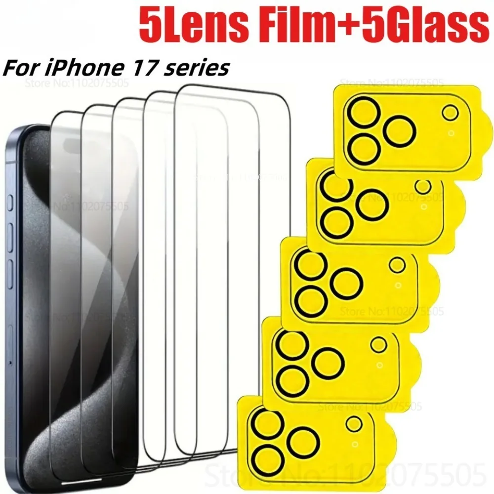 

10-in-1 9D Curved Tempered Glass+5Pcs Camera Protectors for IPhone 17 Air 15 16 Promax 17 Promax 12 Mini 14 Plus 13 Promax Glass