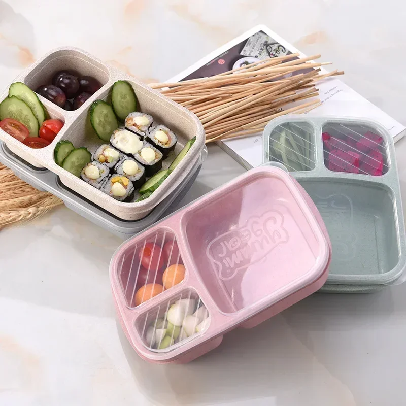 1 Stück auslaufsichere Kunststoff-Lunchbox mit drei Gittern aus Weizenstroh, tragbare Lunchbox, kompatibel mit Mikrowelle und Spülmaschine
