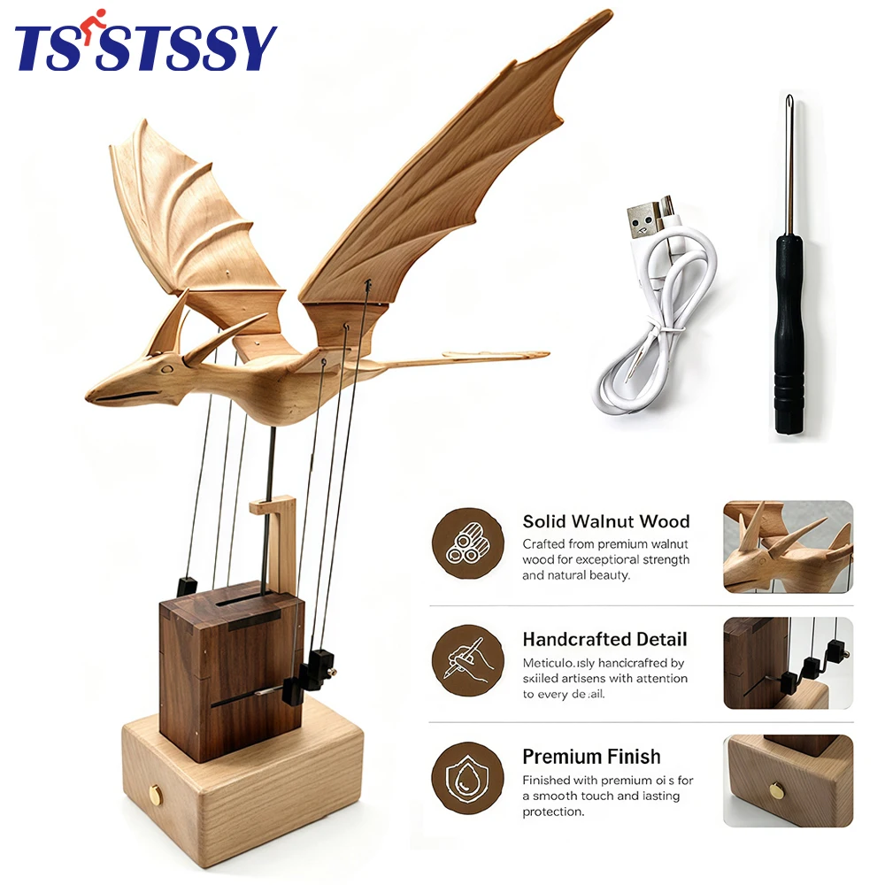 Electric Wooden Pterosaur Sculpture Automata Flapping Wing, Handmade Wood Dragon Sculpture Home Desk Decor Craft Gift