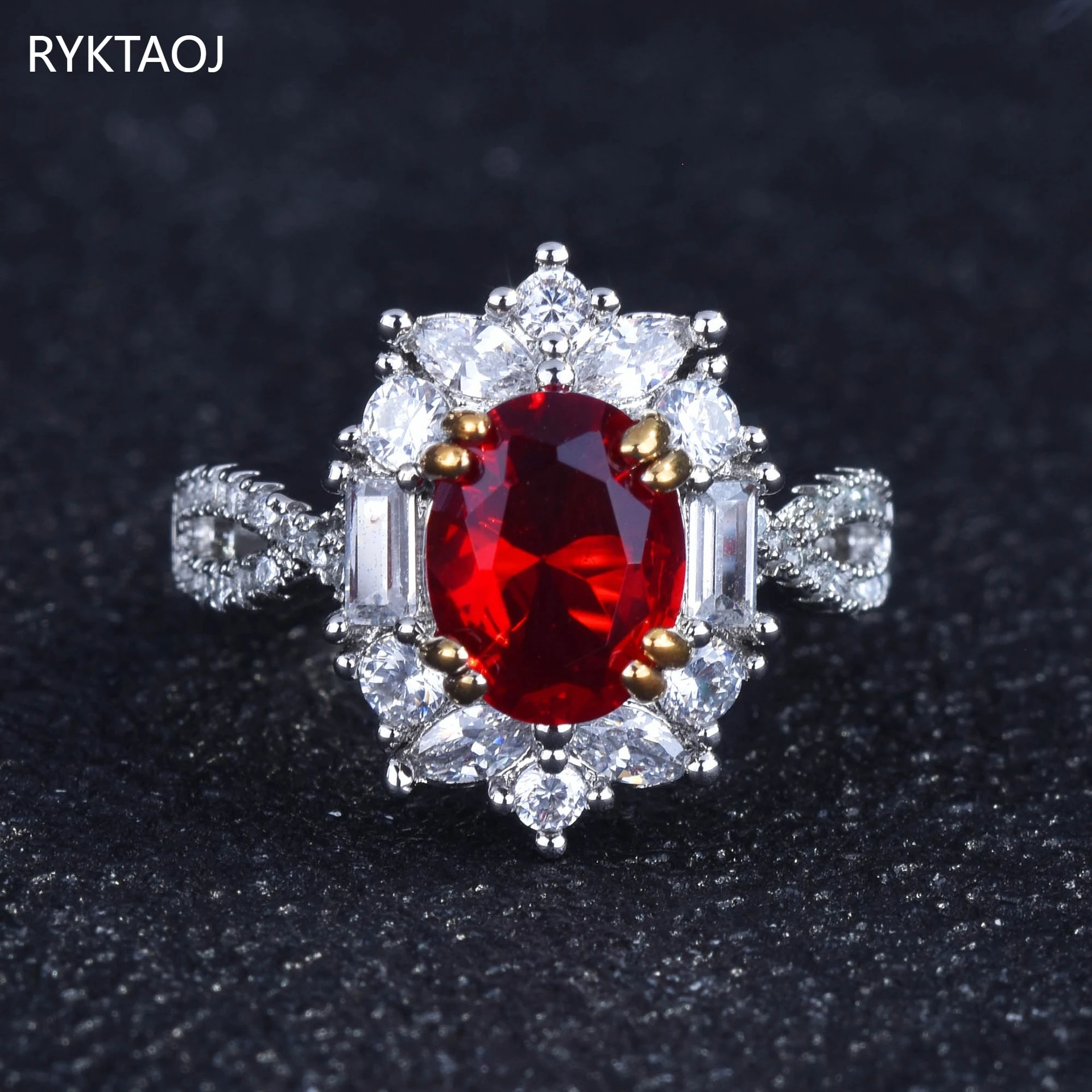 925 Sterling Silver Oval Ruby Cubic Zirconia Ring Halo CZ Diamond Band Vintage Wedding Engagement Jewelry Gift for Women