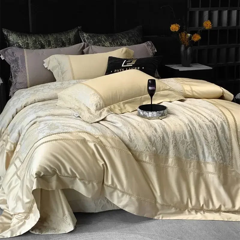 Champagne 1000TC Egyptian Cotton Yarn-dyed Jacquard Embroidery Luxury Bedding Set Duvet Cover Set Bed Sheet Pillowcases 4Pcs