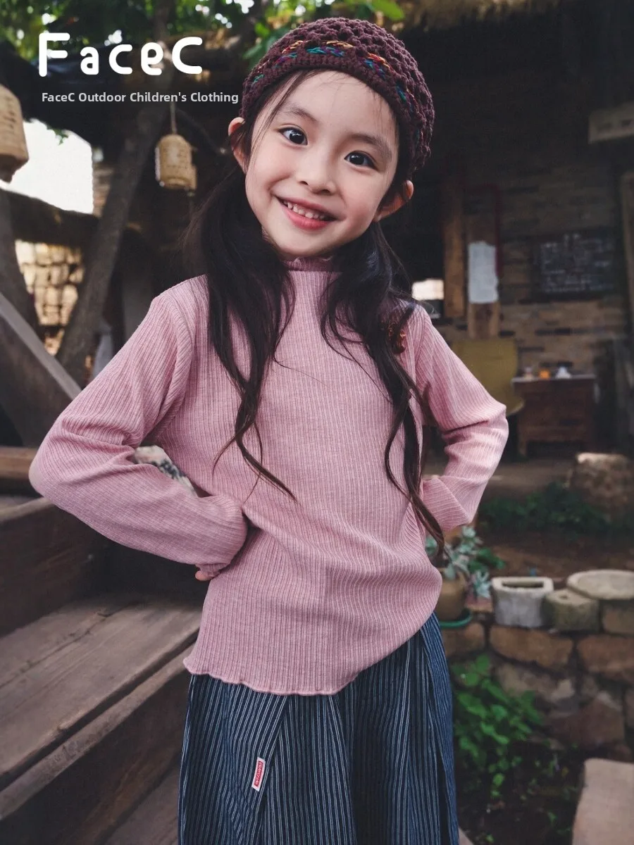 Outdoor Children's Long Sleeve T-Shirt for Girls Base Layer Shirt Half High Collar Spring Autumn Style Mountain Series FaceC