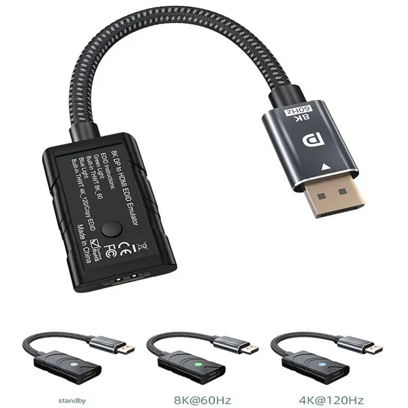 

8K DP to HDMI-compatible EDID Emulator SCDC and Exact EDID Copying 4K 120Hz 8K 60Hz for Laptop PC Lock Screen Button Switch