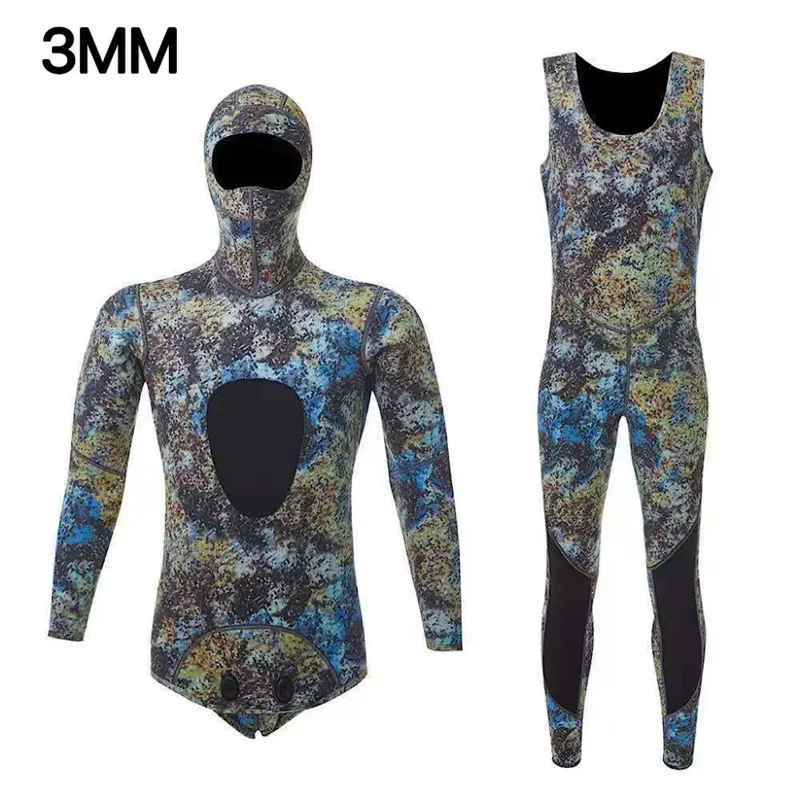 HOT Camouflage Long Sleeve Fission Hooded 2 Pieces Of 1.5/3MM Neoprene Submersible Suit For Men Keep Warm Waterproof Diving Suit