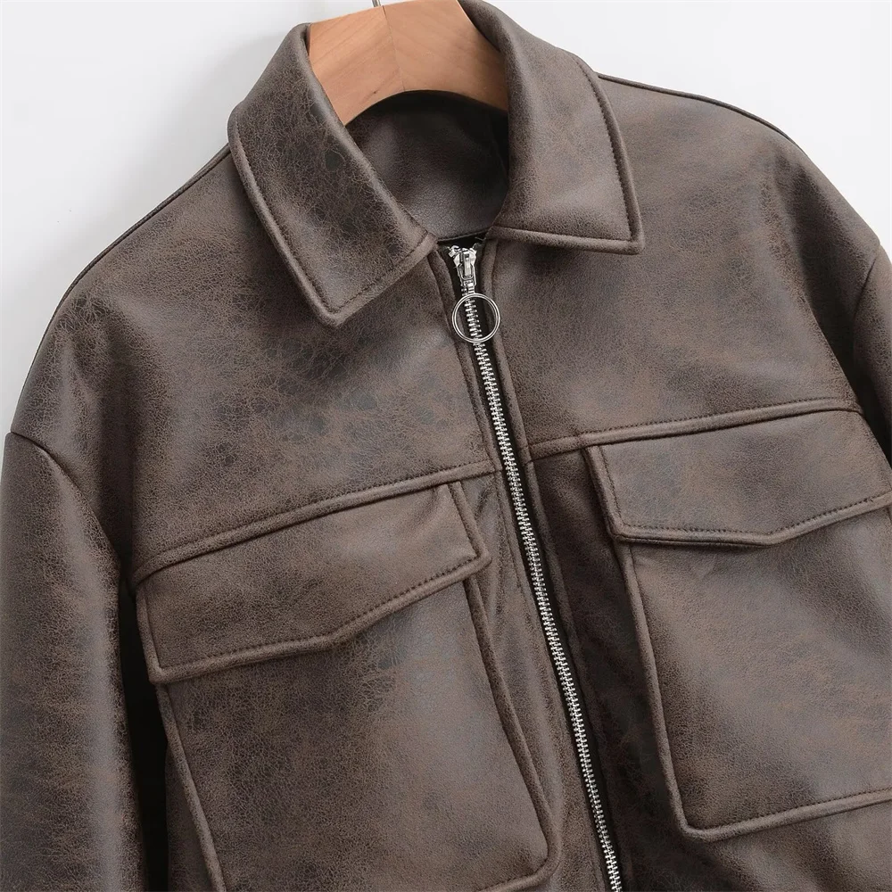 Autumn New Product Women's Fashion Imitation Leather Motorcycle Style Collar Long Sleeve Jacket Leather Jacket Short Coat