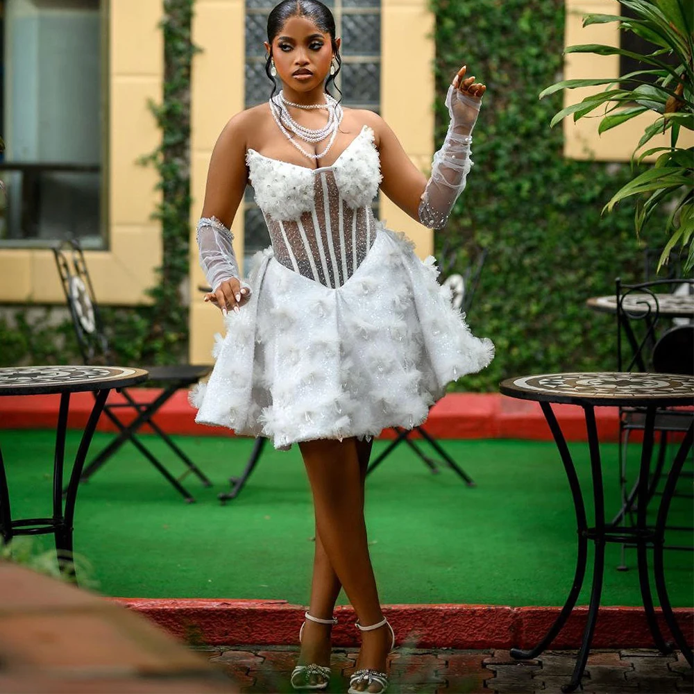 

Short Wedding Dresses for Bride Bridal Shower Dresses African Wedding Bride Robe Sweet Heart 3D Floral Sequined Customized