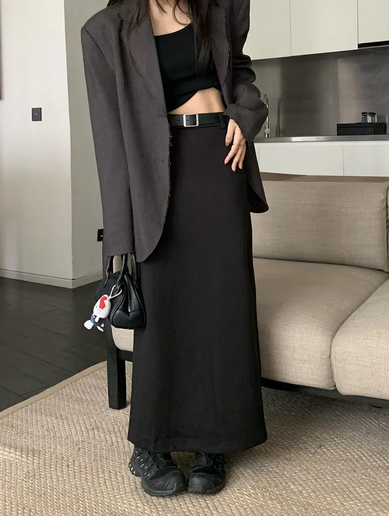 High Quality Woolen Maxi Skirts Female Elegant Chic High Waist Loose A-Line Skirts Women Vintage Streetwear Split Long Skirt