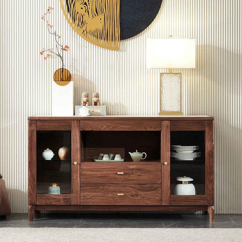 North American black walnut dining side cabinet New Chinese living room Multifunctional tea  Shelf Solid wood rock slab locker