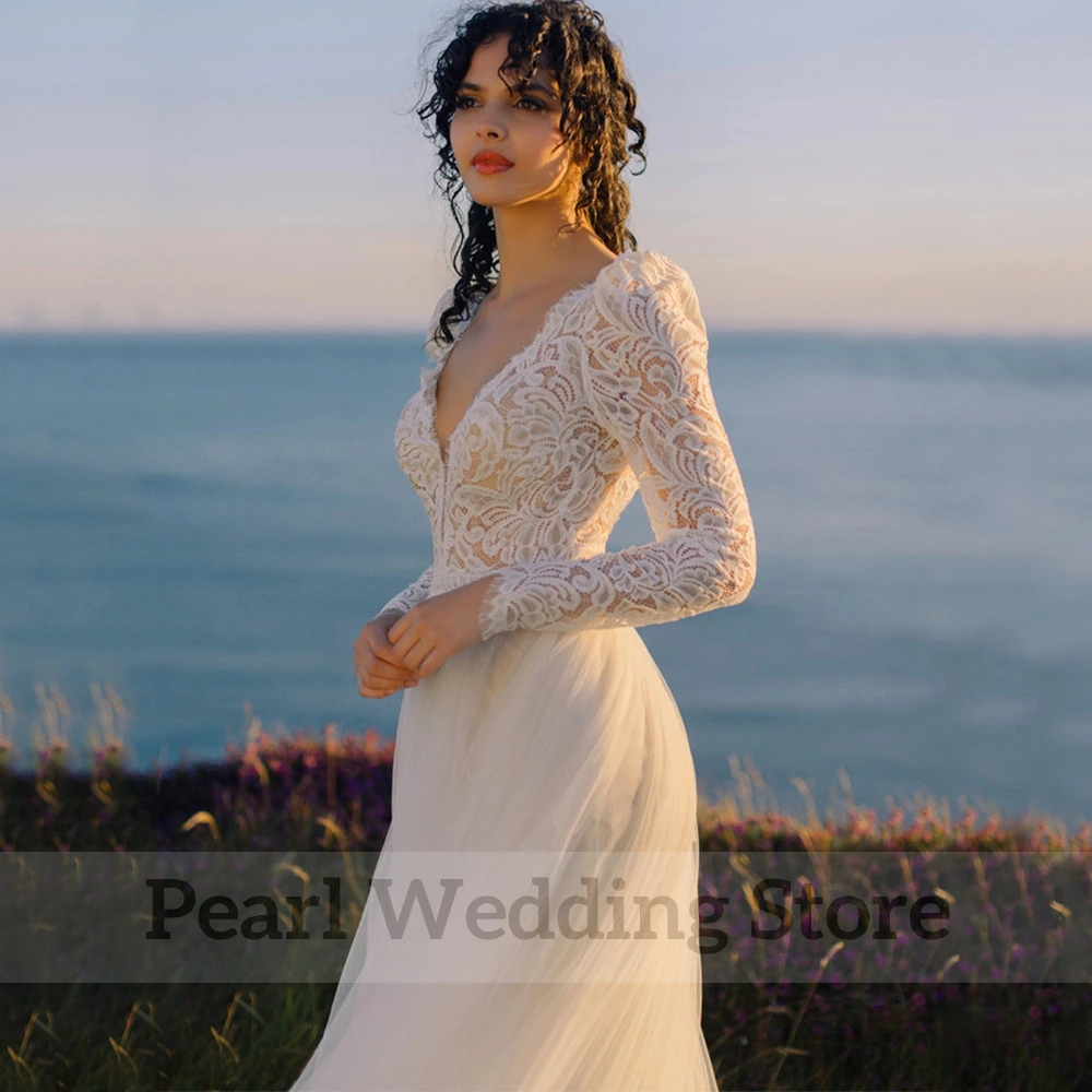 Vestido de casamento Boho Renda e Tule A, Decote V, Manga comprida, Costas abertas, Vestidos de casamento à beira-mar, Personalizado, Clássico