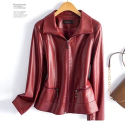 Fashion Women Sheepskin Leather Jacket Coats 2024 New Chic Wine Red Ladies Long Sleeve Lapel Collar Zipper Split Leather Jackets