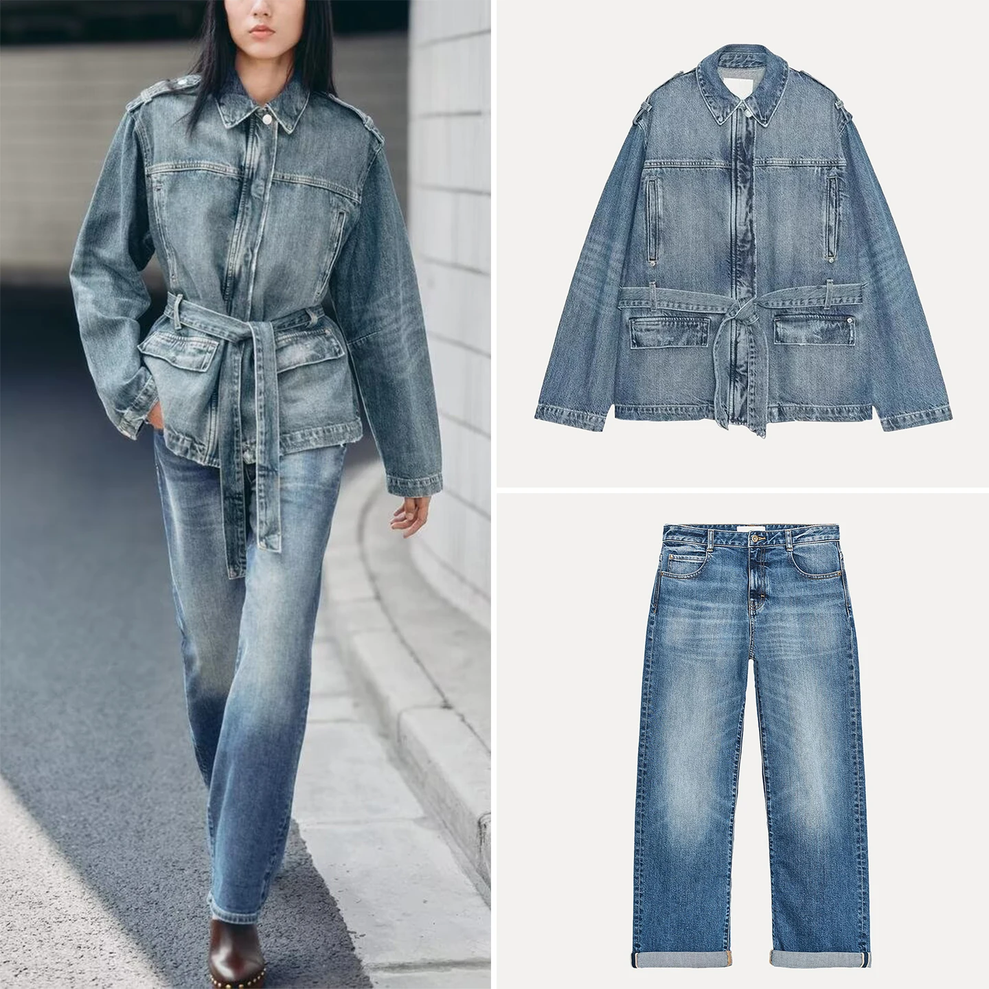 

Z женское длинное джинсовое пальто-туэт с высокой талией, длинные брюки, модный комплект, осень 2023, длинный воротник из полиэстера, сле