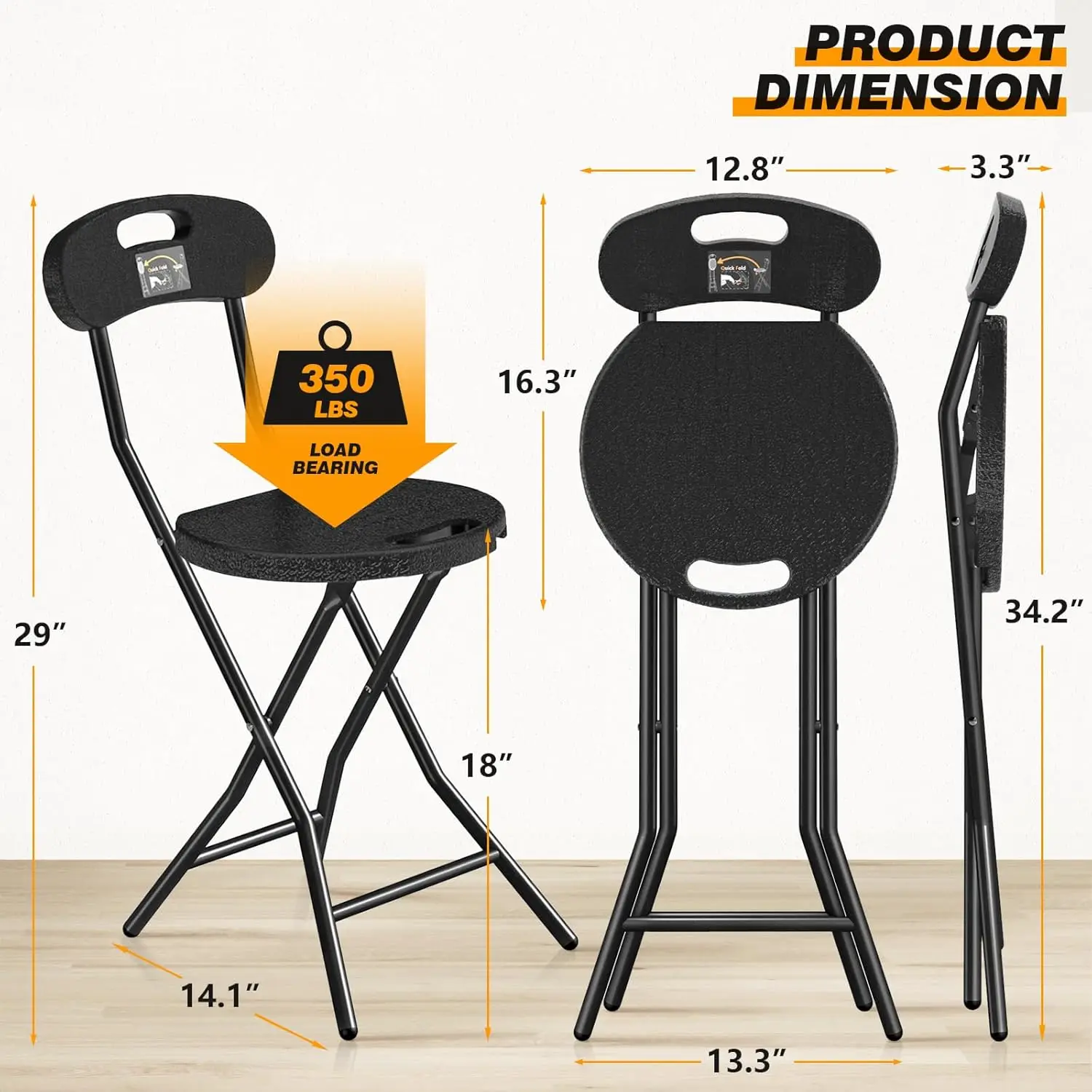 Folding Stool, 2 Pack 18 inch Folding Bar Stool with Backrest and Handle,Collapsible Round Counter Height Stool Chair