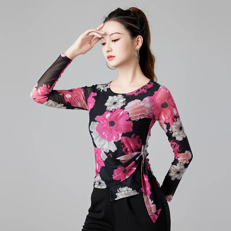 توب مطبوع برقبة مستديرة للإناث البالغات ، قميص أداء الرقص اللاتيني ، المعيار الوطني ، ملابس ممارسة الرقص في قاعة الرقص ، جديد ، الخريف