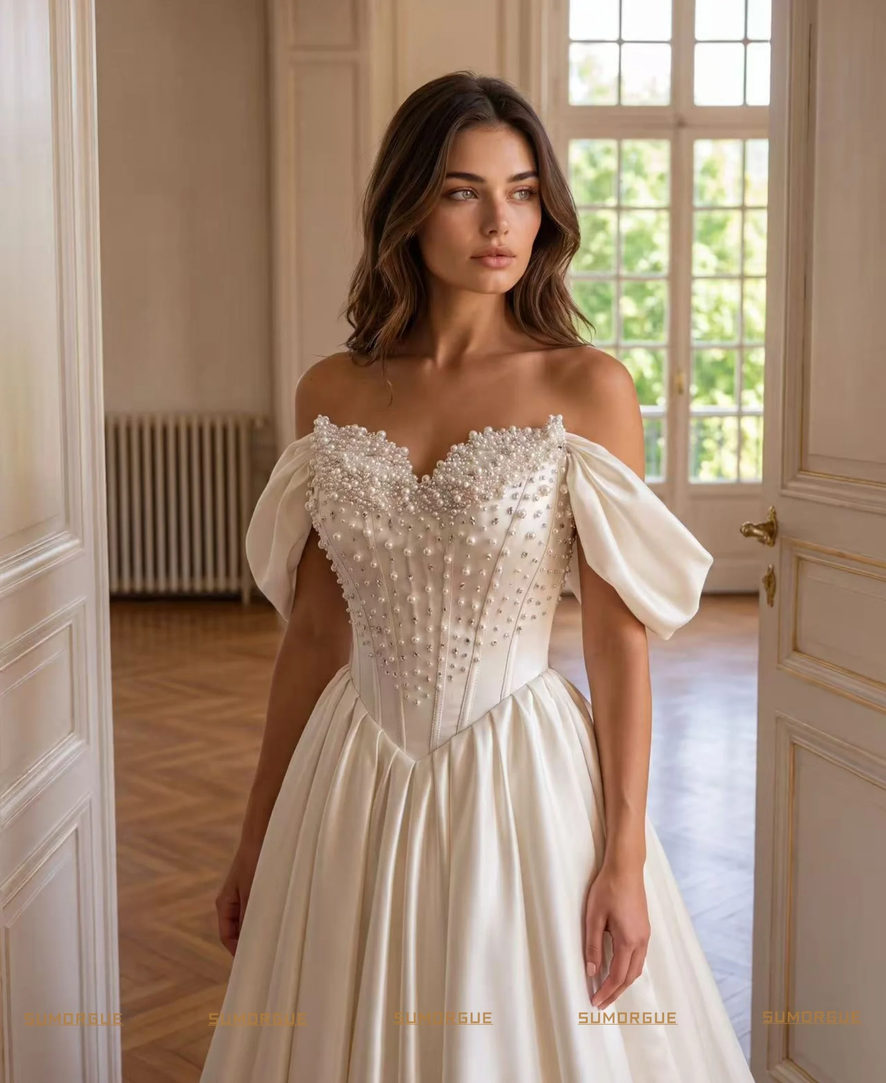 Shimmering Pearls Satin WeddingDress Off Shoulder Bridal Gown  A-line Floor-length Dresses High-end Customized Vestidos De Novia