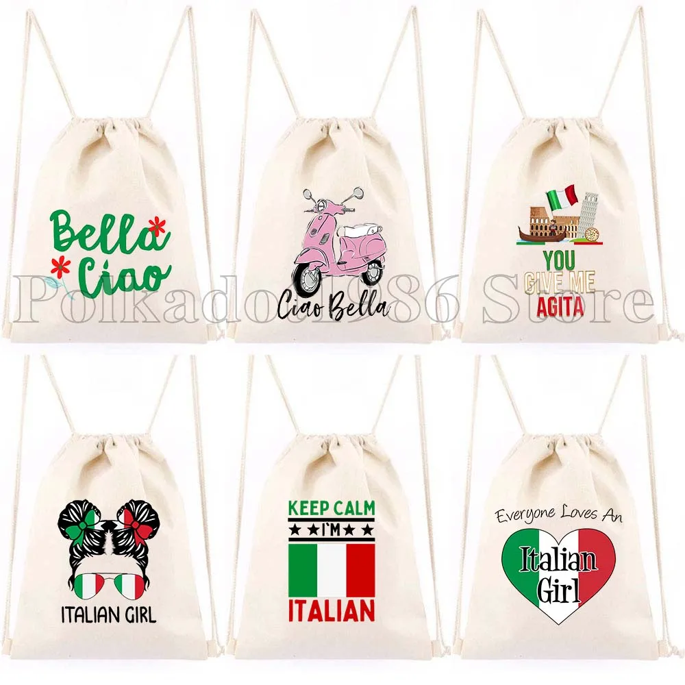

Floral Bella Ciao Italian Brunette Woman Girl Messy Bun Flag Italy Italia Canvas Drawstring Bags Soccer Backpack Gym Sackpack