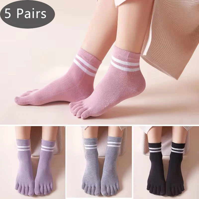 

5 Pairs Spring Ankle Toes Socks Woman Girl Cotton Striped Solid Breathable Soft Elastic Invisible Socks 5 Finger Socks Harajuku