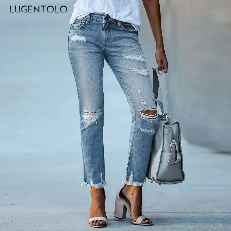 

Women Ripped Jeans Vintage Moustache Effect Tapered Trousers Mid-rise Stylish Versatile Slim Fit High Street Party Casual Wear