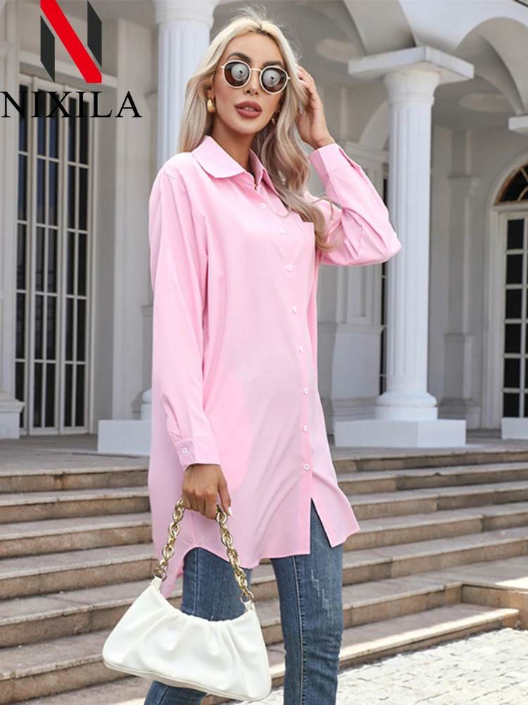 Nieuwe lente elegante blouse stijlvolle vrouwen revers hals shirt met lange mouwen losse effen split zoom tops oversize OL werk blusas kleding