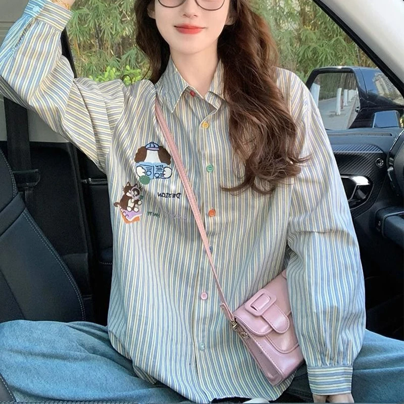 

Autumn Casual Korean Fashion Loose Buttons Single Breasted Striped Long Sleeve Youth Lively Bright Easy Close to the People Wild