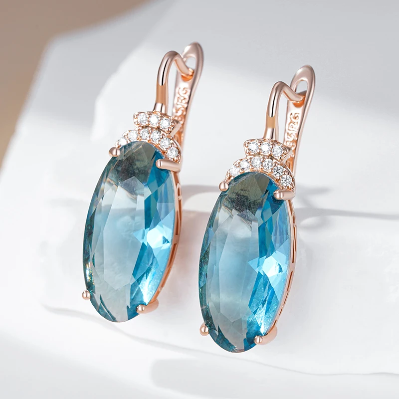 Wbmqda Transparent Oval Blue Stone Drop Earrings For Women 585 Rose Gold Color Special Wedding Jewelry Accessories