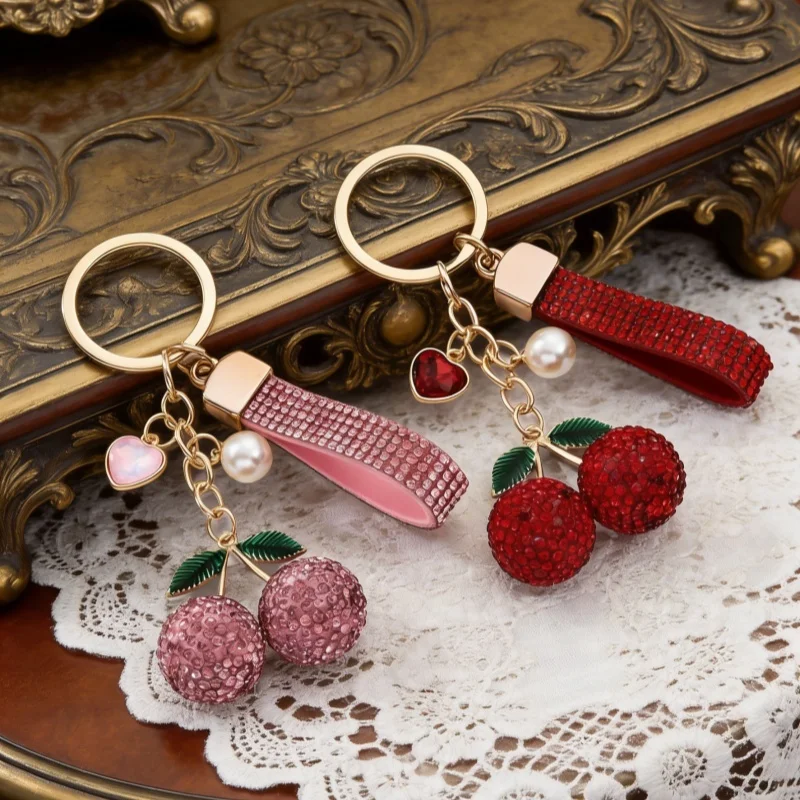 1pc Cute Rhinestone Cherry Heart Pearl Alloy Keychain Fruit Series Bag Charms Key Ring For Sweet Lovers Good Gift