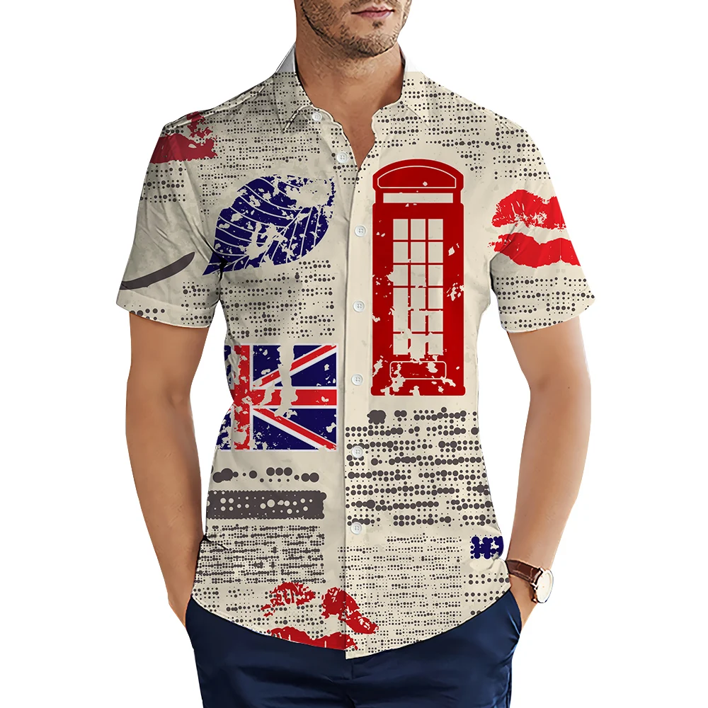 

CLOOCL Men Shirts Vintage British Old Newspaper 3D All Over Print Shirt Summer Short Sleeve Single Breasted Men Shirt Casual Top