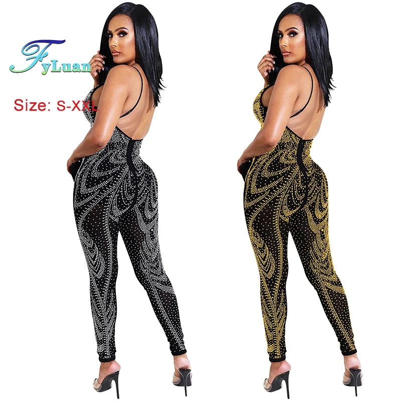 

European Style Women Suspender Tight Fitting Jumpsuit Set With Diamond Sexy Deep V Sleeveless Ladie Romper Pants Daily Tracksuit