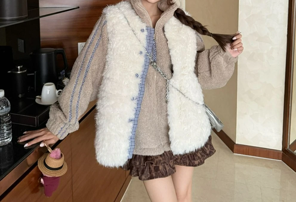 

Sweet Set Lamb Wool Coat for Women Winter Layered White Vest Outerwear Two-Piece Set