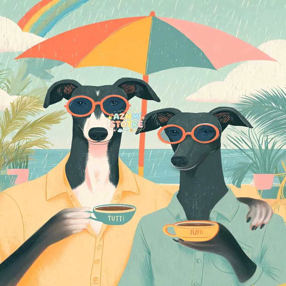 Cute Dog Coffee Poster Modern Whimsical Animal Greyhound Print Colorful Canvas Painting Wall Art for Living Room Home Decorat