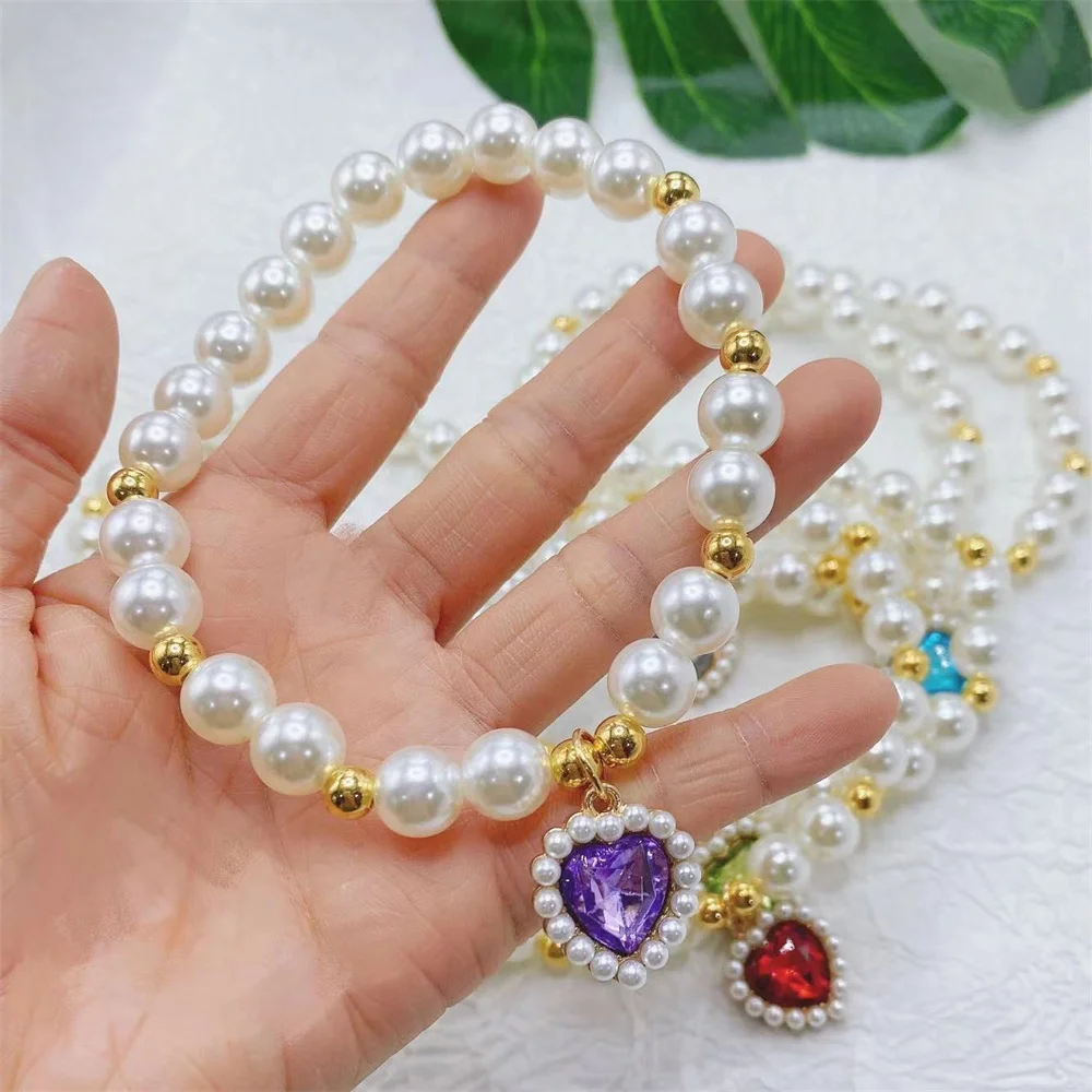 

Fashion Cat Pearl Necklace Retro Crystal Gemstone Love Pendant Elastic Rope Necklace Pet Neck Decoration Dog Accessories