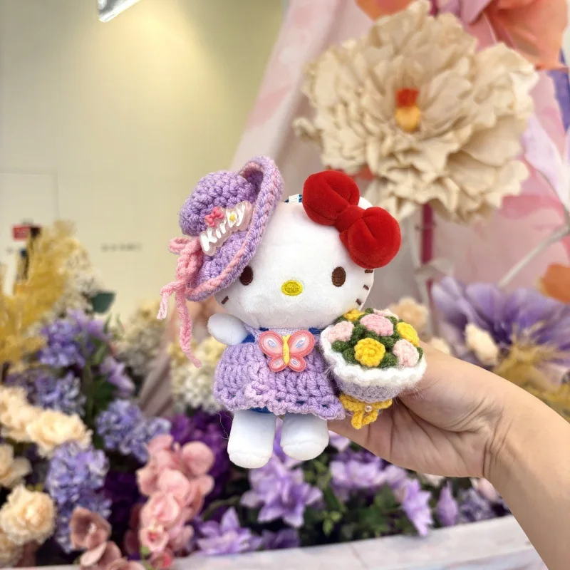 Genuíno bonito dos desenhos animados kawaii olá kitty diy fio roxo conjunto de tricô mão flor boneca de pelúcia chaveiro saco pingente brinquedo presente