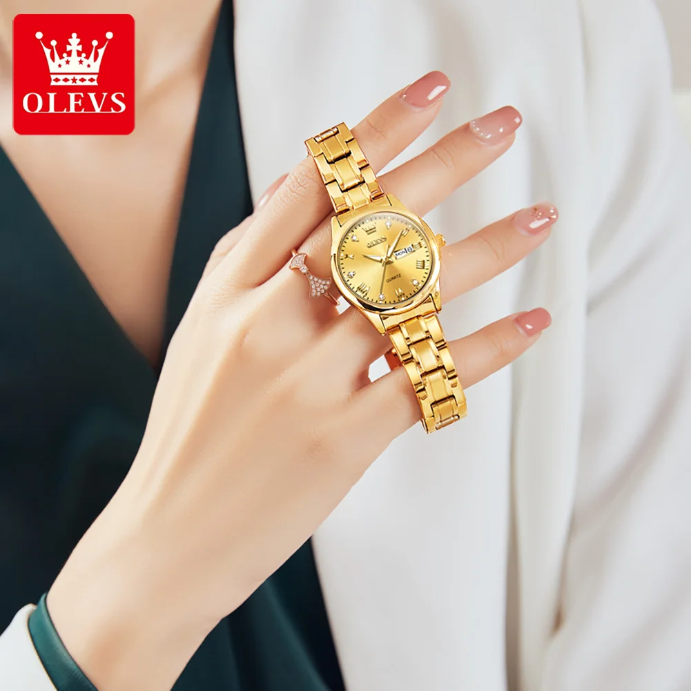 OLEVS-relojes de lujo para mujer, pulsera de cuarzo resistente al agua, con fecha luminosa, de acero completo